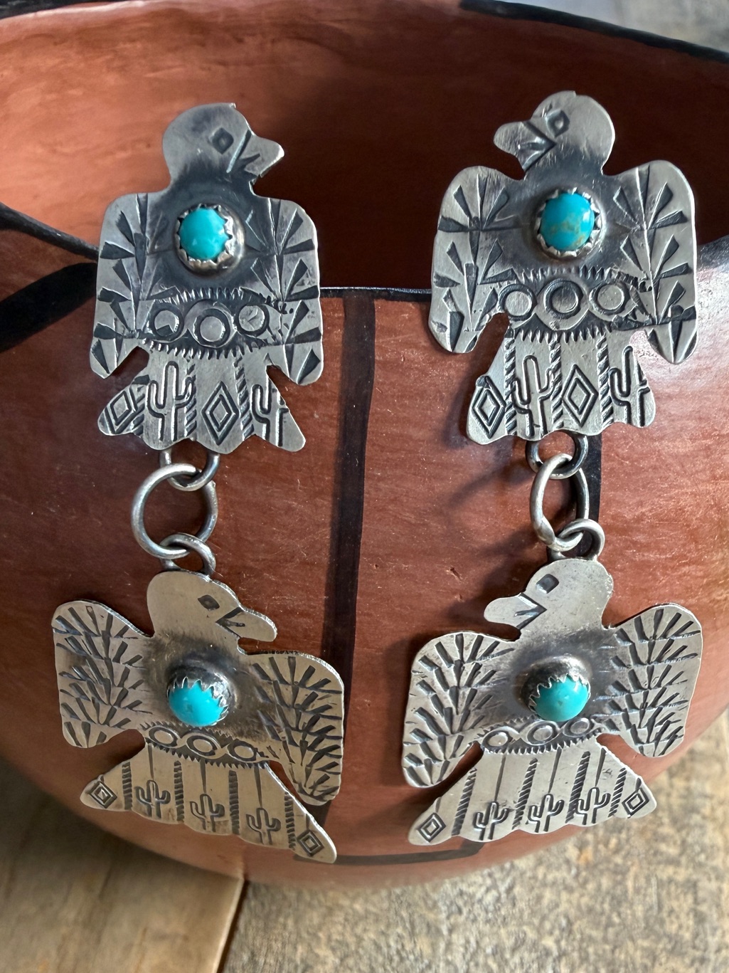 Gabriela Yazzie Sterling Silver & Turquoise Thunderbird Post Dangle Earrings